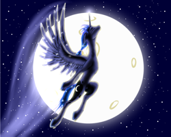 Size: 1280x1024 | Tagged: safe, artist:vasillium, character:princess luna, species:alicorn, species:pony, flying, moon, night, prince artemis, rule 63, solo, unshorn fetlocks