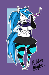 Size: 1232x1872 | Tagged: safe, artist:rubbermage, character:dj pon-3, character:vinyl scratch, species:anthro, species:unguligrade anthro, alternate hairstyle, belly button, bow tie, breasts, busty vinyl scratch, clothing, female, glasses, midriff, pantyhose, pleated skirt, ponytail, scarf, skirt, solo, striped pantyhose, tattoo, wide hips