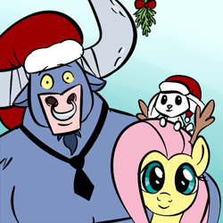 Size: 750x750 | Tagged: safe, artist:creepycurse, character:angel bunny, character:fluttershy, character:iron will, species:minotaur, species:pegasus, species:pony, species:rabbit, angelbetes, animal, christmas, clothing, cute, hat, holly, looking at you, reindeer antlers, santa hat, smiling, smiling at you, trio, willabetes