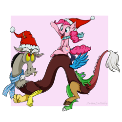 Size: 800x800 | Tagged: safe, artist:swanlullaby, character:discord, character:gummy, character:pinkie pie, clothing, cute, discute, fun, hat, santa hat, scarf, tongue out, trio