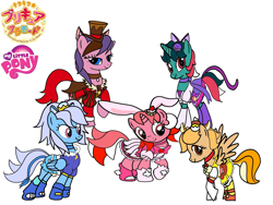 Size: 1600x1200 | Tagged: safe, artist:omegaridersangou, character:fizzy, character:galaxy (g1), character:lofty, character:wind whistler, g1, g4, clothing, cosplay, costume, cure chocolat, cure custard, cure gelato, cure macaron, cure whip, g1 to g4, generation leap, kirakira precure a la mode, my little pony logo, north star, precure, pretty cure