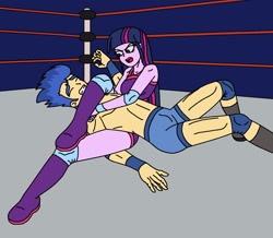 Size: 1672x1460 | Tagged: safe, artist:avispaneitor, character:flash sentry, character:twilight sparkle, my little pony:equestria girls, bare chest, clothing, intergender wrestling, partial nudity, rocker, topless, wrestling