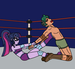 Size: 1396x1284 | Tagged: safe, artist:avispaneitor, character:timber spruce, character:twilight sparkle, character:twilight sparkle (scitwi), species:eqg human, my little pony:equestria girls, bare chest, clothing, intergender wrestling, partial nudity, topless, wrestling, wrestling ring