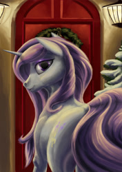 Size: 2480x3508 | Tagged: safe, artist:kirillk, character:fleur-de-lis, christmas, christmas wreath, covering, door, female, hearth's warming, looking at you, looking back, looking back at you, plot, purple hair, rear view, snow, solo, strategically covered, tail censor, tail covering, tree, wreath