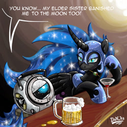Size: 600x600 | Tagged: safe, artist:don-ko, character:nightmare moon, character:princess luna, species:alicorn, species:pony, alcohol, bar, beer, cocktail glass, conversation, crossover, curved horn, duo, female, food, horn, mare, personality core, portal (valve), wheatley