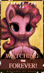 Size: 1000x1667 | Tagged: safe, artist:aschenstern, character:pinkie pie, species:earth pony, species:pony, fallout equestria, clothing, fanfic, fanfic art, female, forever, hooves, looking at you, mare, ministry mares, ministry of morale, pinkie pie is watching you, poster, propaganda, smiling, solo, text