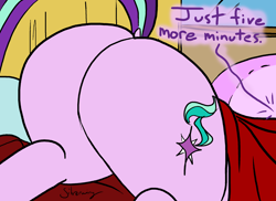 Size: 2508x1830 | Tagged: safe, artist:silverwing, character:starlight glimmer, species:pony, ass up, bed, bedroom, blanket, butt, butt only, close-up, cute, dialogue, dock, female, glimmer glutes, mare, plot, sleeping, sleepy, solo, tail