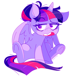 Size: 1280x1280 | Tagged: safe, artist:sharmie, character:twilight sparkle, character:twilight sparkle (alicorn), species:alicorn, species:pony, female, hair bun, open mouth, simple background, sitting, solo, underhoof, white background