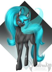Size: 2393x3279 | Tagged: safe, artist:noodlefreak88, oc, oc only, species:changeling, abstract background, blue changeling, changeling oc, curved horn, ear fluff, eye contact, female, glass changeling, gradient background, long ears, looking at each other, raised hoof, solo, transparent wings, youtuber