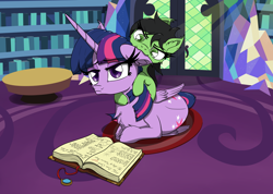 Size: 2984x2121 | Tagged: safe, artist:bigshot232, character:twilight sparkle, character:twilight sparkle (alicorn), oc, oc:filly anon, species:alicorn, species:pony, >:3, biting, both cutie marks, ear bite, female, filly, library, mare, playing, pouting, prone
