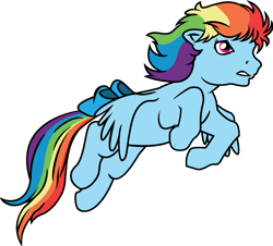 Size: 1017x919 | Tagged: dead source, safe, artist:alisonwonderland1951, character:rainbow dash, species:pegasus, species:pony, g1, g4, bow, female, flying, g4 to g1, generation leap, mare, simple background, tail bow, transparent background