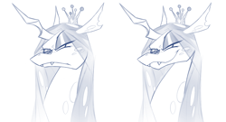 Size: 1024x552 | Tagged: safe, artist:briarspark, character:queen chrysalis, species:changeling, bust, changeling queen, evil grin, female, frown, looking at you, monochrome, portrait, smiling, smirk, solo