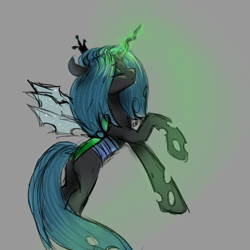Size: 1000x1000 | Tagged: safe, artist:chickenbrony, character:queen chrysalis, species:changeling, blank flank, changeling queen, eyes closed, female, magic, profile, rearing, simple background, sketch, solo