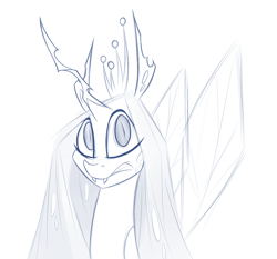 Size: 1100x1024 | Tagged: safe, artist:briarspark, character:queen chrysalis, species:changeling, changeling queen, female, monochrome, solo, surprised
