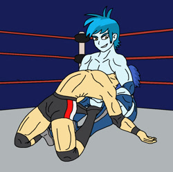 Size: 1120x1116 | Tagged: safe, artist:avispaneitor, character:flash sentry, my little pony:equestria girls, bare chest, clothing, fight, gay, male, partial nudity, shipping, speedo, thunderbass, thunderflash, topless, underwear, wrestling