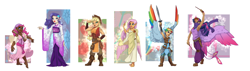 Size: 4600x1300 | Tagged: safe, artist:joan-grace, character:applejack, character:fluttershy, character:pinkie pie, character:rainbow dash, character:rarity, character:twilight sparkle, character:twilight sparkle (alicorn), species:human, absurd resolution, armor, armpits, barefoot, boots, bracelet, butterfly, clothing, colored wings, colored wingtips, dark skin, dress, ear piercing, earring, element of magic, elf ears, feet, flexing, glare, gypsy pie, humanized, jewelry, kimono (clothing), lipstick, magic wand, mane six, muscles, piercing, smiling, smirk, spread wings, sword, tiara, toga, unicorns as elves, wand, weapon, winged humanization, wings