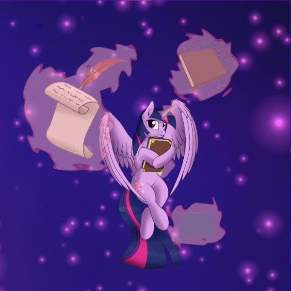 Size: 600x600 | Tagged: safe, artist:szafir87, character:twilight sparkle, character:twilight sparkle (alicorn), species:alicorn, species:pony, animated, blinking, book, crossed legs, female, gif, holding, levitation, looking at you, magic, smiling, solo, spread wings, stars, telekinesis, wings