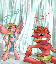 Size: 1280x1463 | Tagged: safe, artist:venauva, oc, oc only, oc:pyro, oc:typhoon, species:anthro, species:unguligrade anthro, bare chest, belly button, cave, cleavage, clothing, cold, female, fire, ice, loincloth, midriff, sick, sneezing, snow, topless, tribal, vulgar, wind