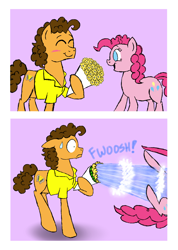 Size: 1452x2036 | Tagged: safe, artist:crazynutbob, character:cheese sandwich, character:pinkie pie, ship:cheesepie, bouquet, flower, male, oops, shipping, straight, sweat, sweatdrop, water