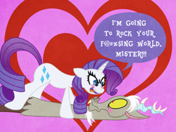 Size: 1024x768 | Tagged: safe, artist:turkleson, character:discord, character:rarity, species:draconequus, species:pony, species:unicorn, ship:raricord, heart, male, she wants the d, shipper on deck, shipperity, shipping, straight, vulgar