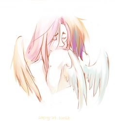 Size: 1182x1247 | Tagged: safe, artist:schpog, character:fluttershy, character:rainbow dash, cute, duo, hug, humanized, sad, winged humanization