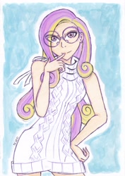 Size: 2464x3484 | Tagged: safe, artist:dragonemperror2810, character:princess cadance, species:human, backless, clothing, female, glasses, humanized, looking at you, open-back sweater, sexy, sleeveless sweater, smiling, solo, sweater, traditional art, virgin killer sweater