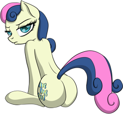 Size: 2590x2389 | Tagged: safe, artist:datapony, character:bon bon, character:sweetie drops, bon bon is not amused, bon butt, colored pupils, female, grumpy, high res, lidded eyes, looking at you, looking back, plot, pouting, simple background, sitting, solo, transparent background, unamused