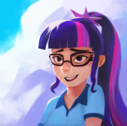 Size: 1735x1724 | Tagged: safe, artist:ajvl, character:twilight sparkle, character:twilight sparkle (scitwi), species:eqg human, equestria girls:legend of everfree, g4, my little pony: equestria girls, my little pony:equestria girls, clothing, female, glasses, human coloration, humanized, open mouth, ponytail, shirt, smiling, solo