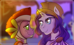Size: 1388x847 | Tagged: safe, artist:risterdus, character:rarity, character:spike, species:dragon, ship:sparity, athena, clothing, commission, helmet, looking at each other, male, shipping, signature, straight, toga, warrior