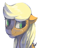 Size: 1991x1354 | Tagged: safe, artist:risterdus, character:applejack, bust, female, hatless, loose hair, missing accessory, portrait, simple background, smiling, solo, white background