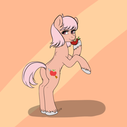 Size: 1000x1000 | Tagged: safe, artist:chickenbrony, oc, oc only, apple, food, looking at you, rearing, smiling, solo, standing