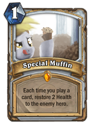 Size: 400x543 | Tagged: safe, artist:cannibalus, character:derpy hooves, species:pegasus, species:pony, card, collectible card game, crossover, female, food, hearthstone, legendary, muffin, muffin queen, priest, solo, trading card, trading card game, warcraft