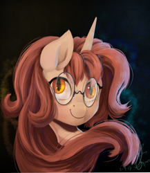 Size: 1024x1182 | Tagged: safe, artist:joan-grace, oc, oc only, species:pony, species:unicorn, bust, female, glasses, mare, portrait, solo