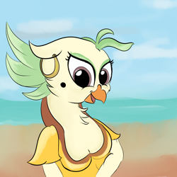 Size: 1500x1500 | Tagged: safe, artist:rusticanon, character:captain celaeno, species:anthro, my little pony: the movie (2017), beak, breasts, busty captain celaeno, cleavage, ear piercing, earring, female, jewelry, ocean, piercing, solo, that was fast, zoe saldana