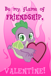 Size: 540x810 | Tagged: safe, artist:chiptunebrony, character:barb, character:spike, species:dragon, barbabetes, cute, fire, heart, looking at you, rule 63, rule63betes, solo, valentine, valentine's day, valentine's day card
