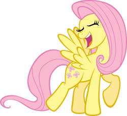Size: 900x827 | Tagged: safe, artist:tygerbug, character:fluttershy, episode:winter wrap up, g4, my little pony: friendship is magic, eyes closed, female, head turn, open mouth, raised hoof, simple background, singing, solo, spread wings, transparent background, vector, wings