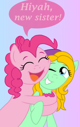 Size: 1565x2500 | Tagged: safe, artist:crazynutbob, character:pinkie pie, oc, oc:flora peace, hug, open mouth
