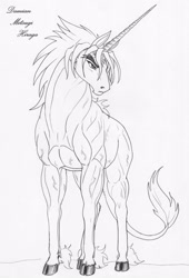 Size: 851x1250 | Tagged: safe, artist:leovictor, oc, oc only, oc:damian mitsugi hiraga, species:pony, species:unicorn, hybrid, monochrome, muscles, simple background, solo, unshorn fetlocks, vein, vein bulge, white background