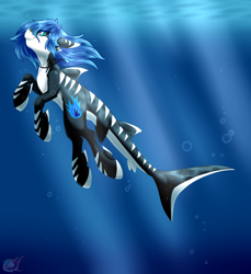 Size: 1500x1641 | Tagged: safe, artist:pinktabico, oc, oc only, oc:midnight light, female, fins, ocean, original species, shark, shark pony, solo, species swap, tail, underwater