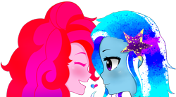 Size: 1640x912 | Tagged: safe, artist:starwantrix, character:pinkie pie, character:trixie, ship:trixiepie, my little pony:equestria girls, colorful, cute, female, heart, lesbian, love, shipping, smiling