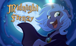 Size: 1280x776 | Tagged: dead source, safe, artist:anima-dos, artist:duo cartoonist, artist:lionheartcartoon, character:princess luna, species:alicorn, species:pony, cloak, clothing, cloud, cute, don bluth, don bluth style, female, filly, floppy ears, looking at you, lunabetes, moon, night, open mouth, raised hoof, s1 luna, sky, smiling, solo, woona, younger, youtube link