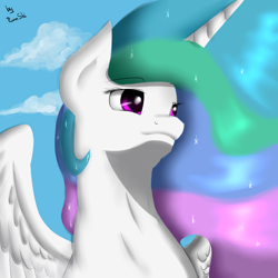 Size: 1000x1000 | Tagged: safe, artist:ruanshi, character:princess celestia, species:alicorn, species:pony, cloud, female, missing accessory, sky, smiling, solo