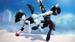 Size: 4048x2277 | Tagged: safe, artist:quvr, species:pony, absurd resolution, city, clothing, crossover, gun, kick, mirror's edge, ponified, rooftop, scenery, weapon