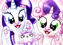 Size: 1280x904 | Tagged: safe, artist:remyroez, character:opalescence, character:rarity, character:sweetie belle, cat, cat ears, catified, cute, diasweetes, national cat day, opalbetes, paws, raribetes, species swap