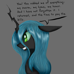 Size: 1000x1000 | Tagged: safe, artist:ruanshi, character:queen chrysalis, species:changeling, angry, dialogue, fangs, female, floppy ears, former queen chrysalis, gray background, simple background, solo