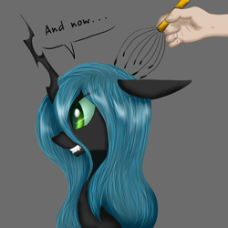 Size: 1000x1000 | Tagged: safe, artist:ruanshi, character:queen chrysalis, species:changeling, species:human, dialogue, female, former queen chrysalis, gray background, hand, head scratch, scratcher, simple background, solo, this will end in tears and/or death