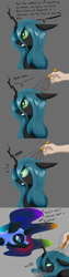 Size: 1000x4000 | Tagged: safe, artist:ruanshi, character:nightmare moon, character:princess luna, character:queen chrysalis, species:alicorn, species:changeling, species:human, species:pony, changeling queen, female, hand, head massager, lidded eyes, massage, moaning, relaxed, simple background, tongue out