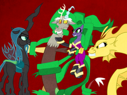 Size: 1024x768 | Tagged: safe, artist:turkleson, character:adagio dazzle, character:discord, character:mane-iac, character:queen chrysalis, ship:discolis, discord gets all the mares, female, femdom, male, manecord, shipping, straight