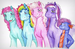 Size: 2208x1439 | Tagged: safe, artist:animagicworld, character:minty, character:pinkie pie (g3), character:rainbow dash (g3), character:spike, character:spike (g3), character:wysteria, species:dragon, g3, traditional art