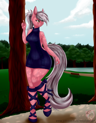 Size: 1280x1625 | Tagged: safe, artist:pinktabico, oc, oc only, species:anthro, species:unguligrade anthro, backless, clothing, commission, open-back sweater, ponytail, scenery, sleeveless sweater, solo, sweater, virgin killer sweater